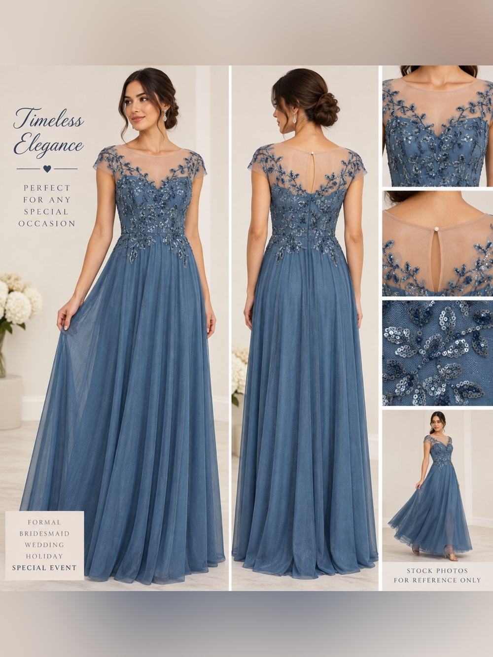 Faeriesty Blue Sequin Illusion Neck Formal Evening Maxi Gown Dress Size S